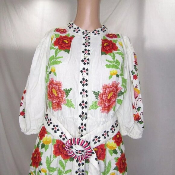 NEW FARM RIO Womens Conscious Embroidered Poplin Dress Size S Floral Off White - Picture 4 of 12